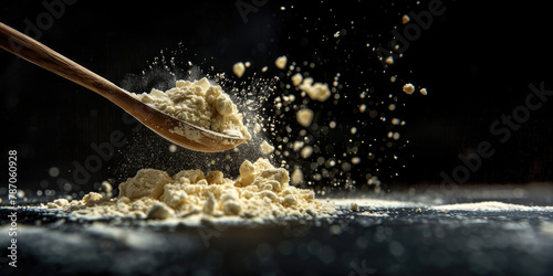 Whey protein powders in explosion on dark background. Health and dietetic concept for fitness athletes.