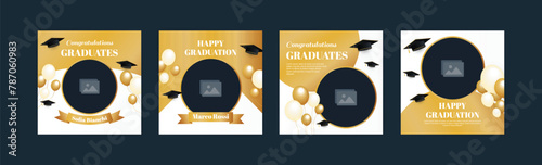 Graduation event greeting banner. Social media post banner for college graduation greetings. Photo booth props frames for graduation parties. School graduation ceremony frames for selfie vector set. photo