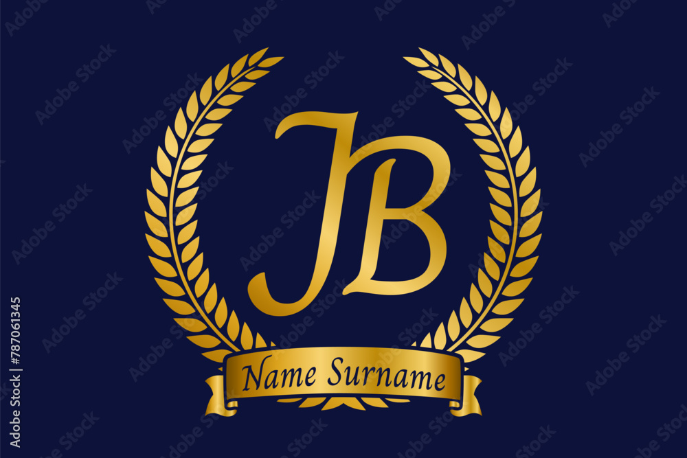 Initial letter J and B, JB monogram logo design with laurel wreath. Luxury golden calligraphy font. Initial letter J and B, JB monogram logo design with laurel wreath. Luxury golden calligraphy font.
