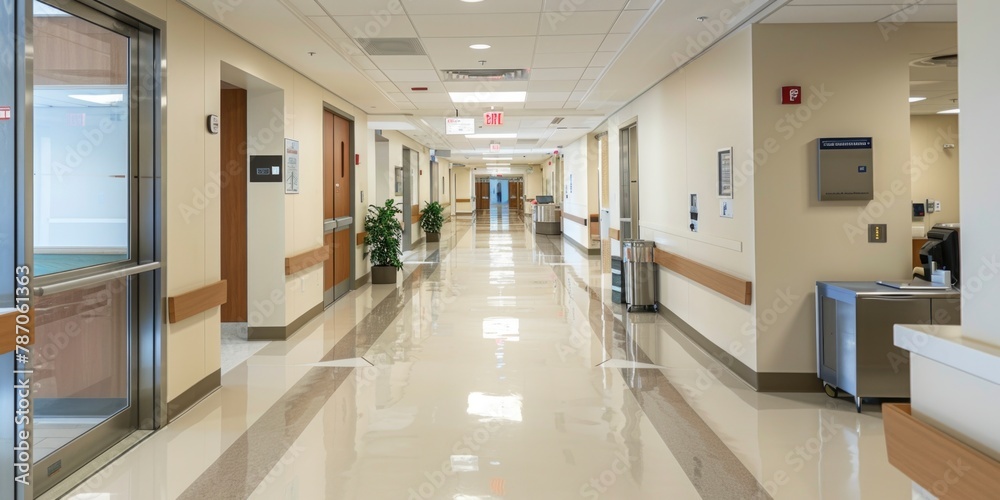 Modern Hospital Corridor with Bright Lighting and Clean Design