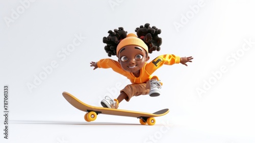 Black girl with skateboard on white background, style 3D