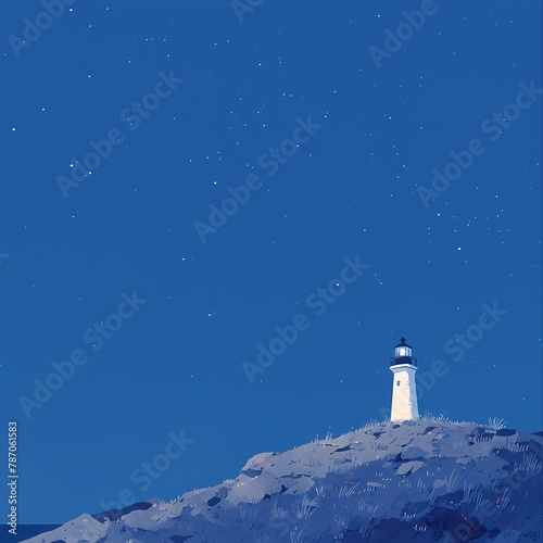 Distant View of a White Lighthouse Perched atop a Hilly Landscape at Dusk