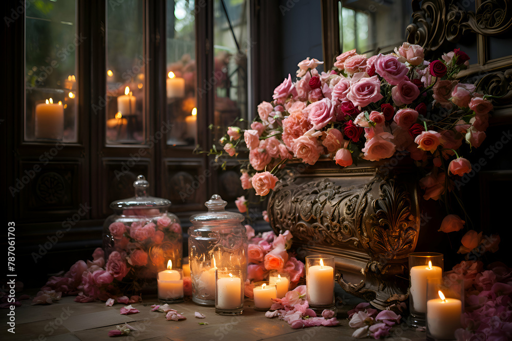 Romantic still life with pink roses and candles in a vase