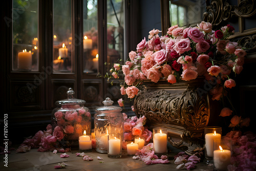 Romantic still life with pink roses and candles in a vase