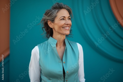 Portrait of a grinning woman in her 40s dressed in a polished vest in front of pastel teal background