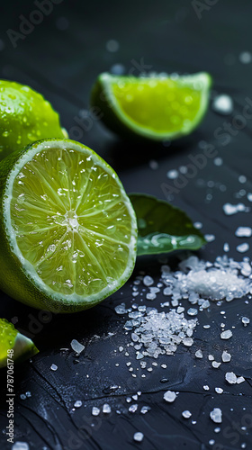 Limes and salt on a black background.