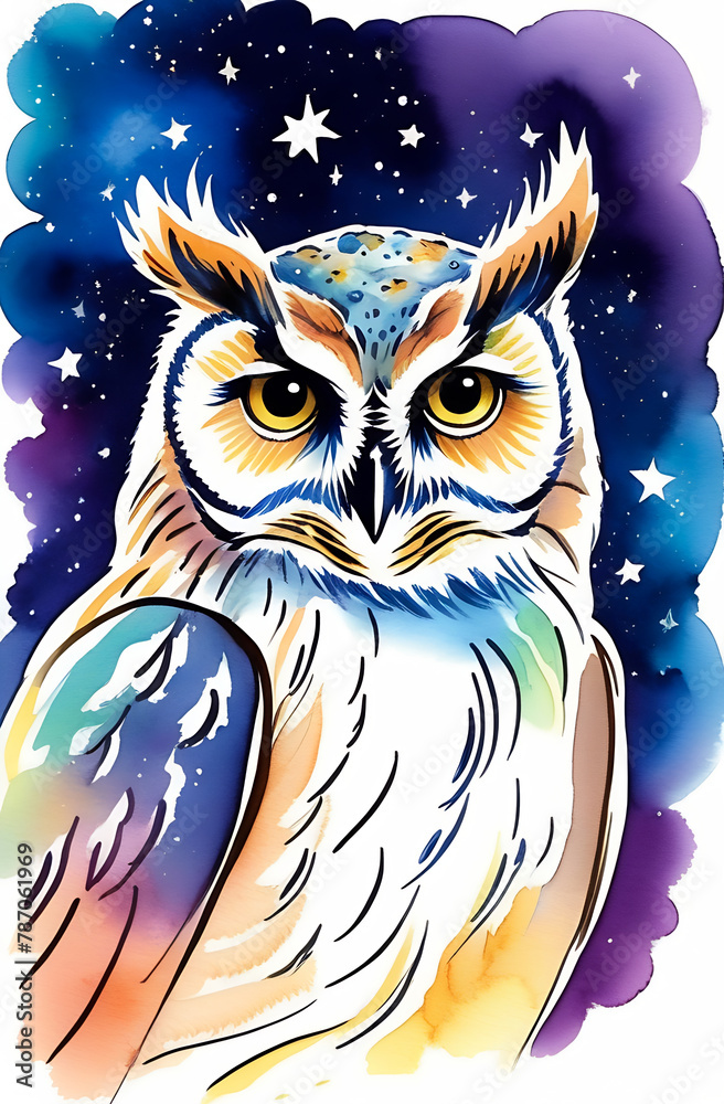 Beautiful owl in the night, watercolor illustration Beautiful owl in the night, watercolor illustration