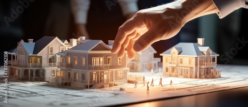 A close-up 3D render of hands pointing at specific features of a building model, with architectural blueprints in the background, 3d illustration photo