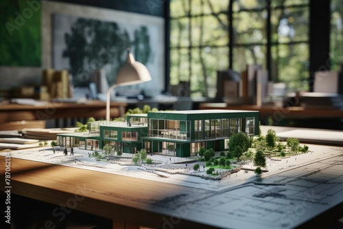 A creative studio environment where architects work together on a sustainable building project, blueprints and a green building model on the table, 3d illustration