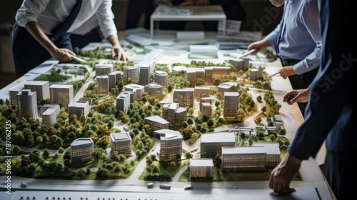A focused scene in an architect's office where professionals lean over blueprints and a complex model public park layout, 3d illustration