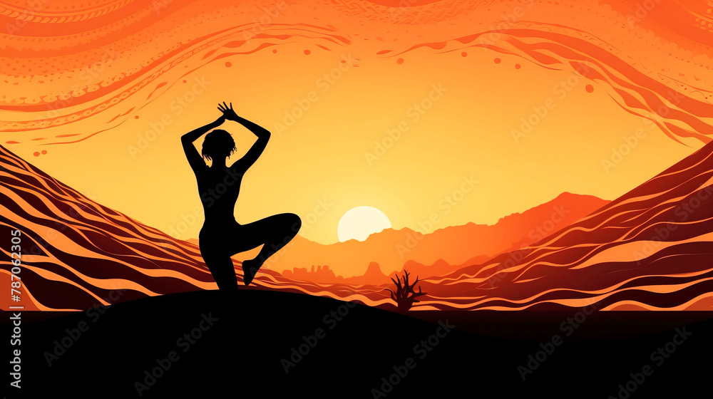 International day of yoga, graphic contours of a woman on the background of the sun. AI generated.