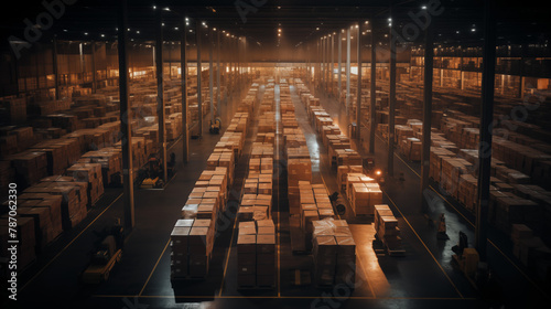 Industrial Warehouse Interior with Stacked Boxes and Pallets