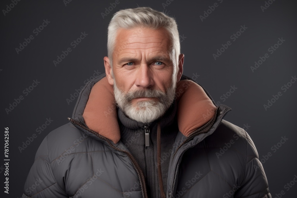 Portrait of a tender man in his 50s sporting a quilted insulated jacket in pastel gray background