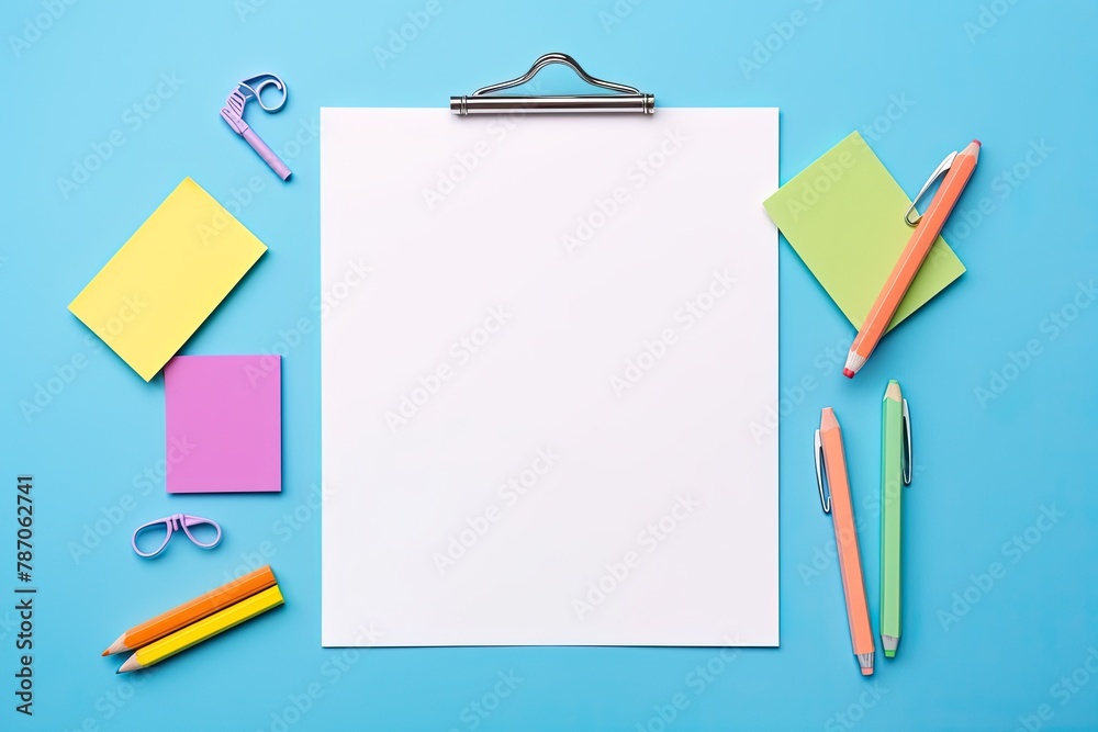 Blank paper notepad mockup with school supplies on blue background. Flat lay, top view, copy space. Back to school. Blank paper notepad mockup with school supplies on blue background. Flat lay, top view, copy space. Back to school.