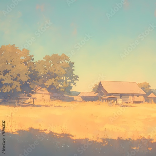 Charming Rural Landscape with Old Barn and Fields at Sunrise