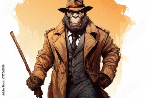 A monkey dressed in a trench coat and hat, standing upright and holding a cane. The monkey exudes a sophisticated and dapper appearance, reminiscent of a well-dressed gentleman photo