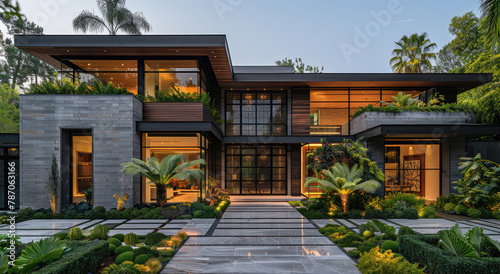 A wide angle shot of the front view of an elegant modern mansion in Miami, with concrete and wood textures, glass windows. Created with Ai