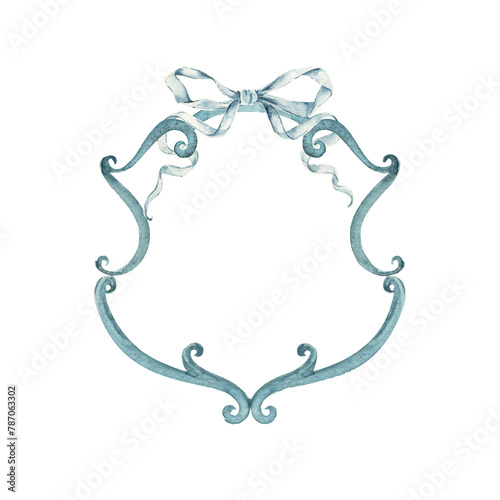Wedding crest elegant. Blue watercolor frame with bow. Vintage wedding invitation. 