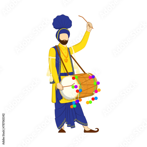 Vector illustration of punjabi man with dhol on transparent background