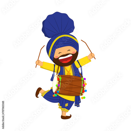 Vector illustration of punjabi man with dhol on transparent background