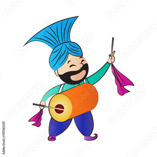 Vector illustration of punjabi man with dhol on transparent background