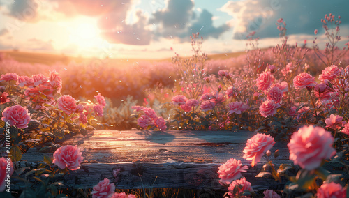 Landscape with pink flowers. Created with Ai