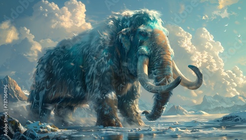 A sculpture of an elephantlike mammal, resembling a mammoth, covered in snow and ice, set against a natural landscape with clouds in the background photo