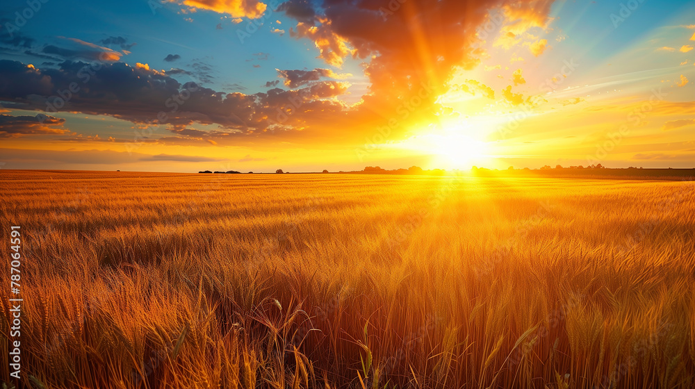 A field of golden wheat with the sun shining brightly on it. The sun is setting in the background, creating a warm and peaceful atmosphere A field of golden wheat with the sun shining brightly on it. The sun is setting in the background, creating a warm and peaceful atmosphere