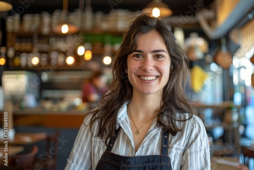 Portrait of brunette diverse smiling lady wearing apron over blouse while smiling at camera on blurred background. Optimistic waitress welcoming customers in empty restaurant during  Generative AI