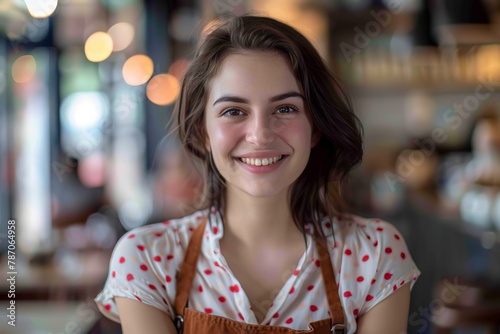 Portrait of brunette diverse smiling lady wearing apron over blouse while smiling at camera on blurred background. Optimistic waitress welcoming customers in empty restaurant during, Generative AI