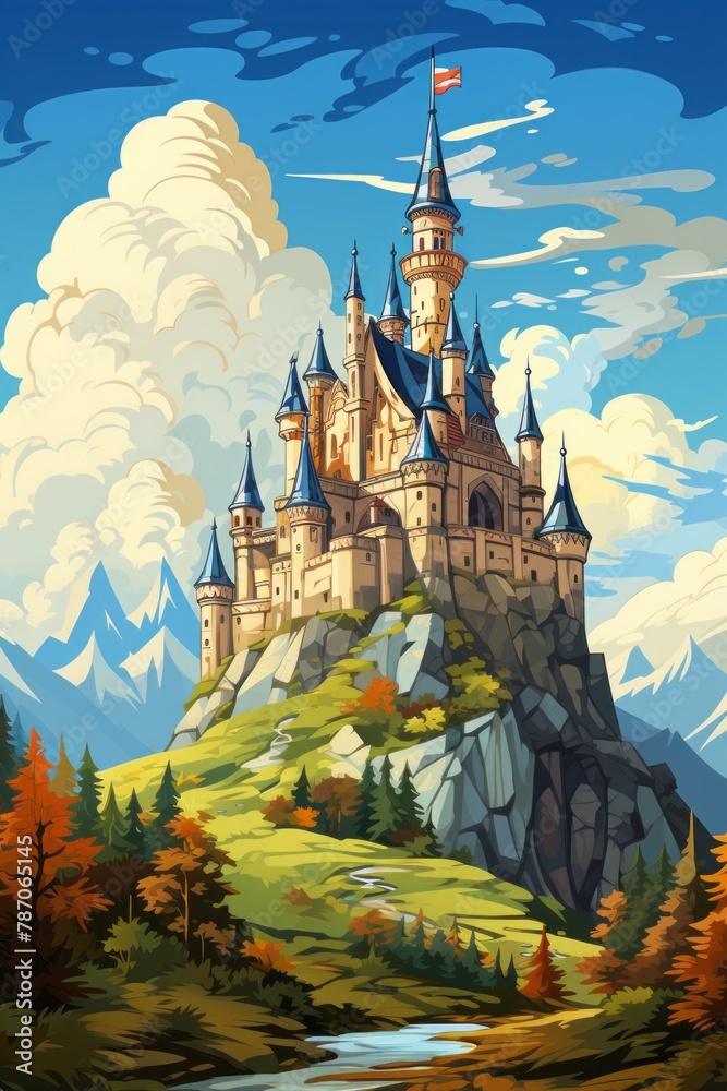 A detailed painting depicting a grand castle situated on a mountain peak, surrounded by rocky cliffs and lush greenery. The castle overlooks the valley below, standing tall and commanding - obrazy, fototapety, plakaty 
