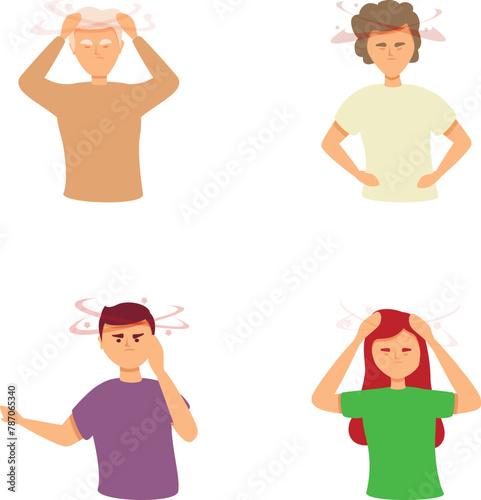 Brain sick icons set cartoon vector. People suffering dizziness and migraine. Health problem