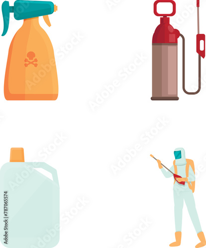 Exterminator insect icons set cartoon vector. Man disinfector in protective suit. Disinfection and sanitation photo
