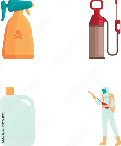 Exterminator insect icons set cartoon vector. Man disinfector in protective suit. Disinfection and sanitation