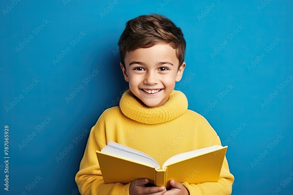 A smiling boy with a book in his hands. Blue background A smiling boy with a book in his hands. Blue background