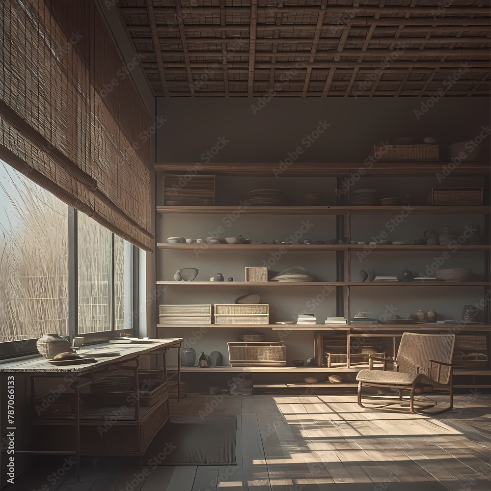 A serene bamboo studio bathed in natural light, showcasing a collection of artfully crafted pieces. This image captures the essence of tranquility and craftsmanship intertwined.