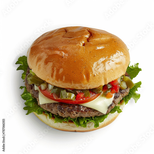 overhead photo of a delicious beef burger topped with relish, pepper, cheese, lettuce, tomato, bbq ranch on a toasted brioche bun