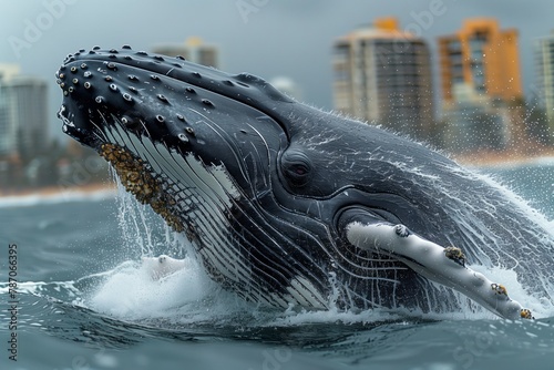 A humpback whale, a marine mammal, is gracefully swimming in the ocean with its mouth open, filtering water to catch small fish and krill © RichWolf