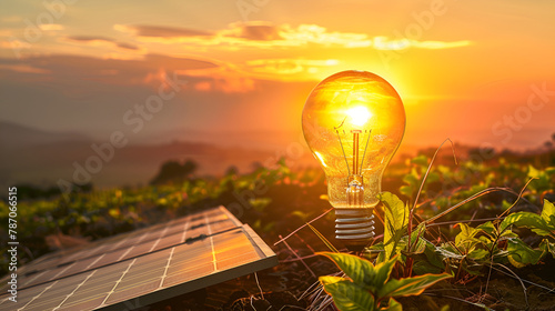 Glass light bulb with solar panel on nature background. Alternative energy concept  ,Electric light bulb with solar panel, Light bulb on solar panel with sun flare, energy saving concept.

 photo