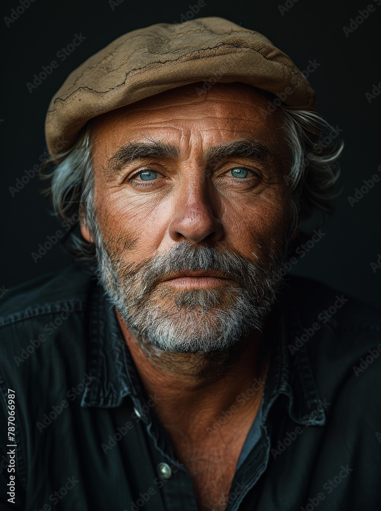 Generative ai illustration of a portrait of man in black shirt and beige cap Generative ai illustration of a portrait of man in black shirt and beige cap