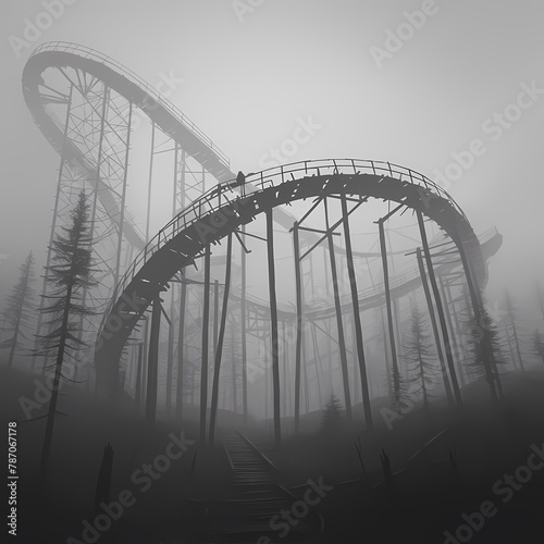 Haunting and deserted steel roller coaster in misty environment