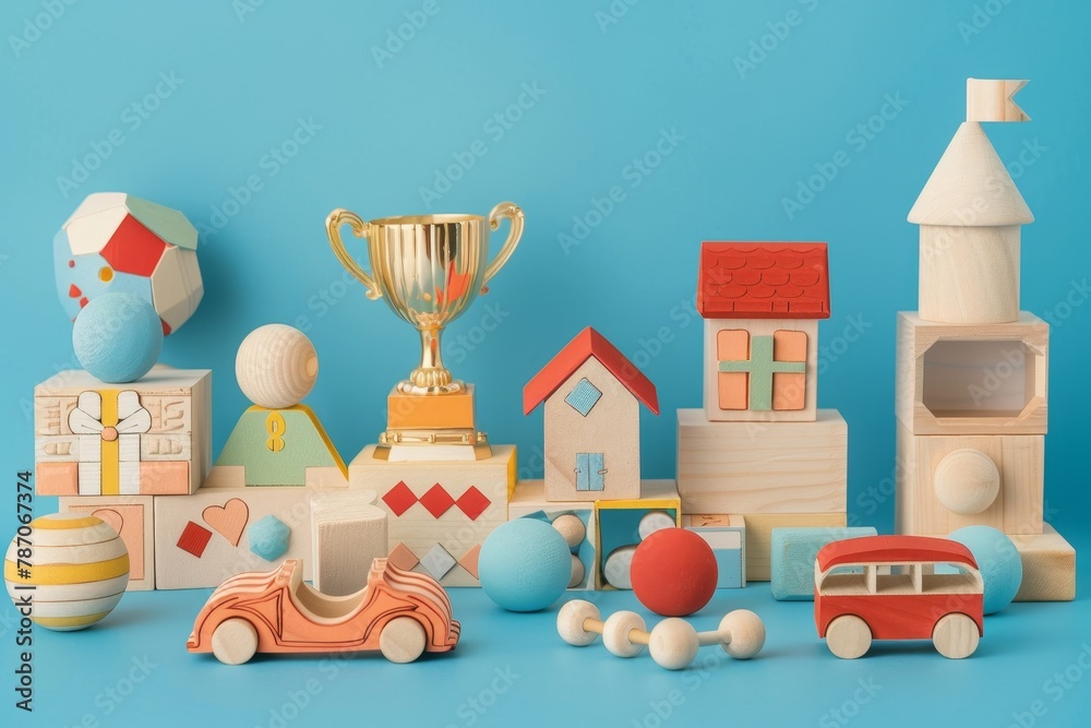 Set of wooden 3d toys. trophy, house blocks, gift box, toy cars, cube block and balls