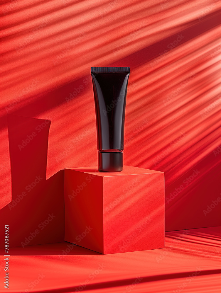 Abstract aesthetic of a black tube on red geometric shapes with dynamic shadows. Abstract aesthetic of a black tube on red geometric shapes with dynamic shadows.
