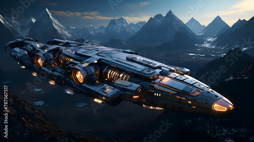 Space ship on the background of the mountains. 3D rendering.