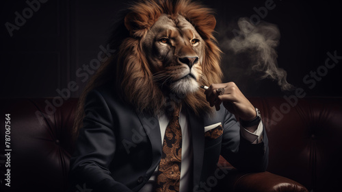 Anthropomorphic Lion in Suit Smoking Conceptual Art