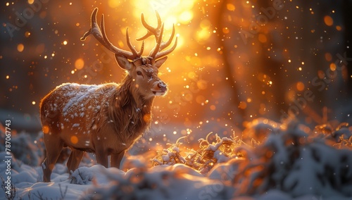 A deer, a terrestrial animal, is standing in the snow at sunset in the woods. The natural landscape is enhanced by the atmospheric phenomenon