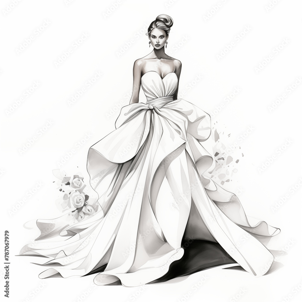 Portrait of a fashionable stylish young girl in a wedding dress in black and white tones, drawing in watercolour style.
