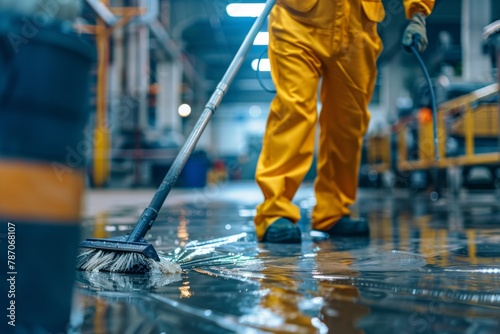 Close up of professional worker offering office and industrial cleaning services