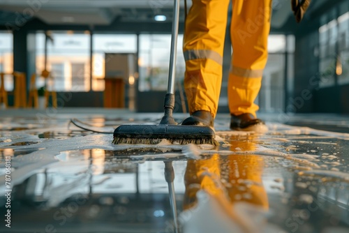 Close-up of professional worker providing office and industrial cleaning services for companies