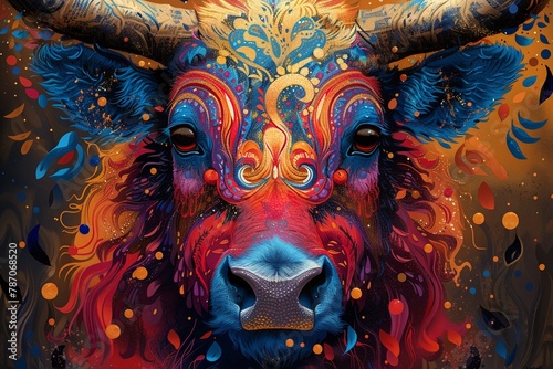 A brightly colored bull's head